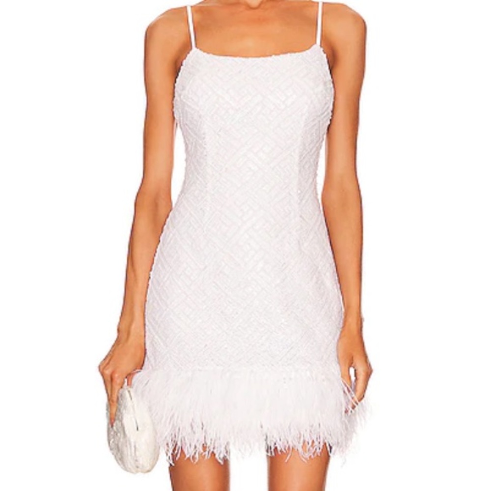 Show Stopping White Sequin Cocktail Dress with Ostrich Feathers